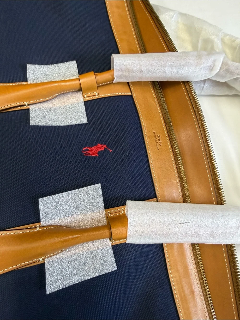 Ralph Lauren Navy Canvas Travel Tote with Tan Leather Trim and Red Polo